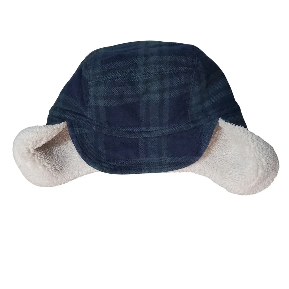 Baby Gap Kids Navy Blue Green Plaid Sherpa Lined Trapper Hat 18-24 Months 51cm